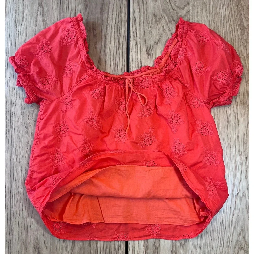 J.Crew Eyelet Puff Sleeve Blouse Womens Small Red Prairie Cottagecore Top